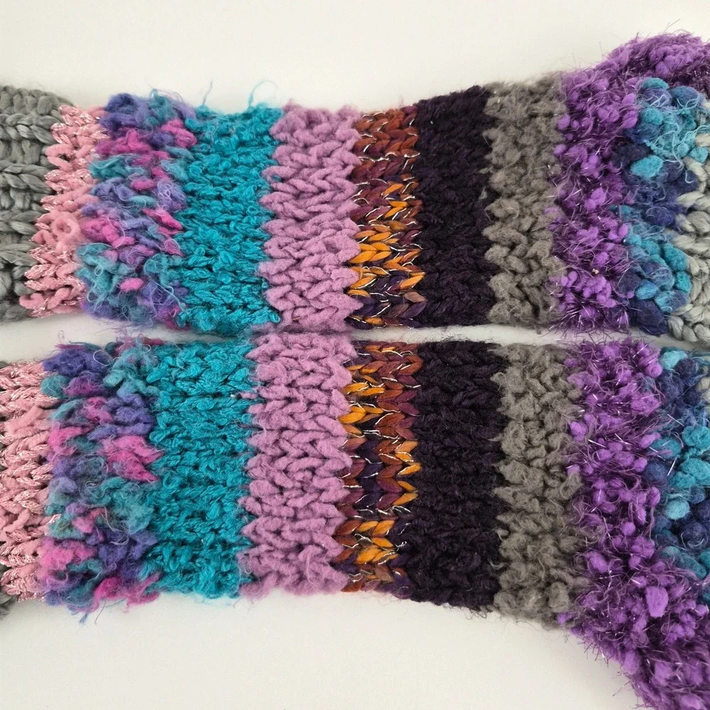 Boho Multi Color Striped Chunky Knit Fingerless Gloves Arm Warmers One Size